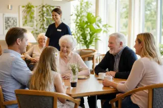 Charming residential lounge with seniors and visiting families talking around a table, soft natural light, cozy decor, and a relaxed, supportive environment.