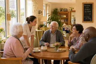 Residents and a staff member share a warm conversation around a table in a bright, welcoming retirement home common room.