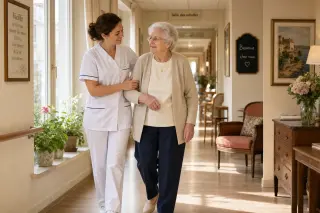 A caring nurse helps a serene elderly resident walk in a bright hallway of a welcoming retirement home.