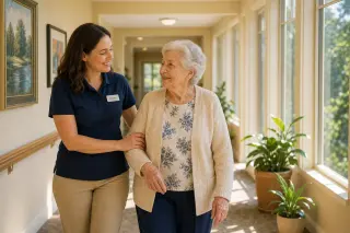 Caregiver kindly helping an elderly person walk in a sunlit corridor of a welcoming retirement home.