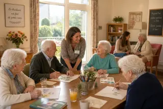 Elderly residents and a friendly caregiver gathered around a table in a warm, sunlit care home common room, engaging in a daytime activity with a family member visiting, soft light and inviting atmosphere.