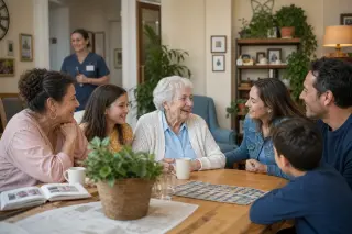 Family visiting an elderly resident in a warmly lit common room, sharing a relaxed moment together around a table, with homey décor and a gentle, welcoming atmosphere.