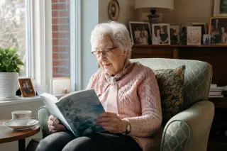 Elderly woman reading by a window in a cozy, sunlit retirement home room with soft furnishings and personal touches.