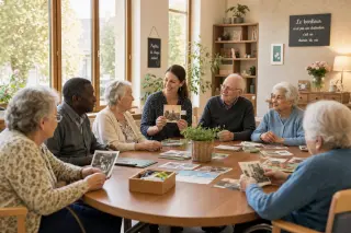 Group of elderly residents engaged in a gentle activity with a professional in a bright, welcoming EHPAD communal room, sunlight streaming through large windows.