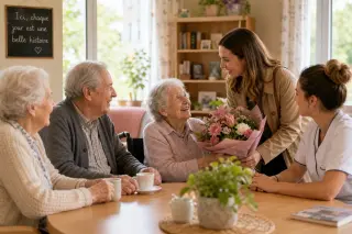 elderly residents and caregiver share a warm moment with family in a sunlit, welcoming EHPAD common room
