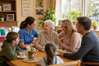 Family visiting an elderly resident in a bright, welcoming retirement home common room with a caring nurse nearby, all in a warm and comfortable atmosphere.