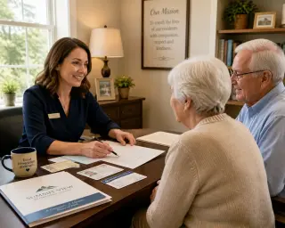 Warm office in a retirement home where an administrative staff member helps an older couple with documents, sunlight streaming through the window.