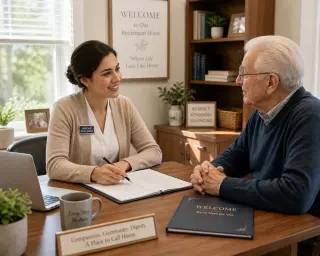 Social worker and elderly resident calmly discussing paperwork at a bright, welcoming desk in a retirement home office