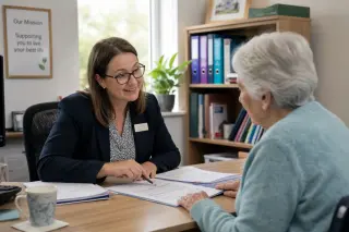 Administrative professional helping a calm elderly woman with documents in a warmly lit office, creating a welcoming and respectful setting.