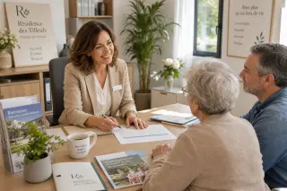 Administrative professional assisting an elderly resident and family member in a warmly lit retirement home office, with documents and coffee on the desk