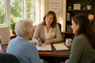 Social worker meeting with an elderly person and family member in a bright, welcoming office, documents and coffee on the desk, calm respectful atmosphere.