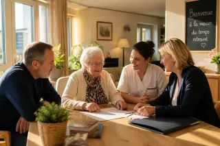 Elderly resident, family, caregiver, and social worker seated around a table in a bright, welcoming retirement home common room, collaborating in a caring atmosphere.