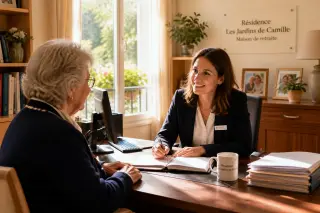 Senior resident and administrative professional in a welcoming care home office, discussing documents together in a bright, softly lit setting.