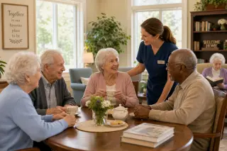 Seniors sitting together around a table in a bright, cozy common room, assisted by a kind caregiver, with warm natural light and homey decor.
