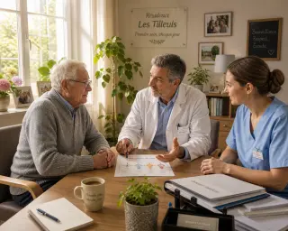 doctor and nurse warmly consulting an elderly resident in a bright, cozy EHPAD office decorated with plants and family photos