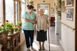 Attentive caregiver helping an elderly resident walk in a sunny corridor of a rural MARPA, both looking serene in a welcoming, home-like environment.
