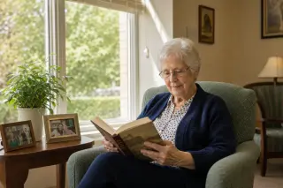 Serene elderly woman reading by a sunny window in a warmly furnished retirement home lounge, calm and dignified atmosphere.
