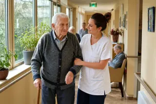 Kind caregiver helping a serene elderly resident walk in a bright, welcoming care facility corridor with natural light and homey decor.
