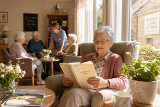 Elderly person reading by a sunny window in a warmly decorated retirement home lounge, with soft natural light and a calm, comforting atmosphere.