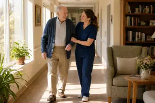 Caring nurse gently assisting an elderly man walking in a bright, homey retirement home corridor with sunlight and warm decor.