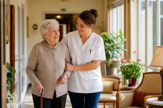 Caregiver walking with elderly resident in a bright, welcoming retirement home corridor, both appearing calm and comfortable in a softly lit, homely setting.